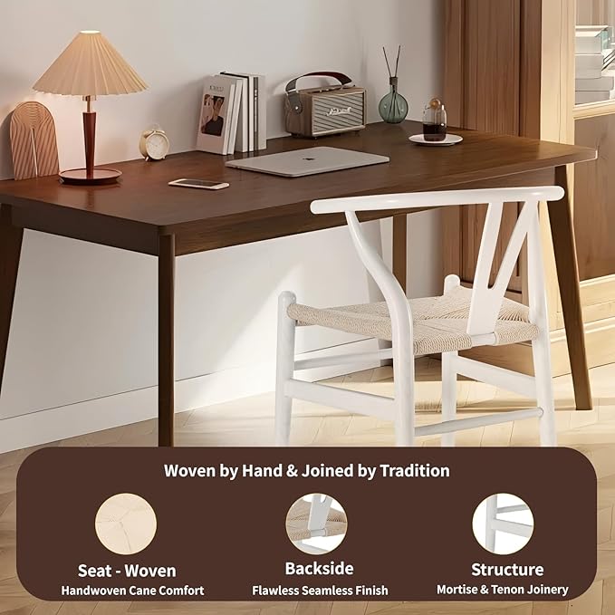 Tomile Wishbone Chair Y Chair, Wooden Dining Chairs Set of 2, Mid Century Modern Chairs with Arms, Solid Wood Weave Seat Kitchen & Dining Room Chairs (Ash Wood - White)