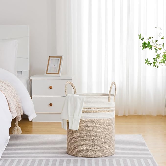 VIPOSCO Large Laundry Hamper, Tall Woven Rope Storage Basket for Blanket, Toys, Dirty Clothes in Living Room, Bathroom, Bedroom - 53L Brown & White