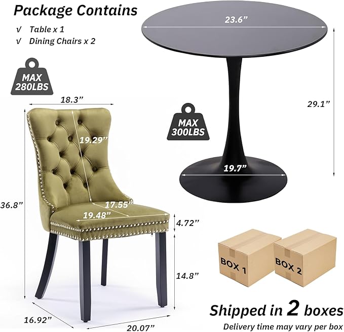 SoarFlash Kitchen Table and Chairs for 2, 24" Dining Table Set for 2 with Velvet Upholstered Chairs, 3 Piece Round Kitchen Table Set, Dining Room Table Set for Small Space, Apartment