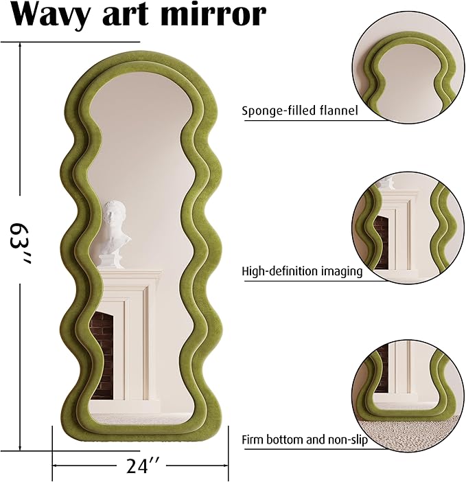 BOJOY Full Length Mirror, 63" x 24" Wall Mirror, Flannel Wrapped Wooden Frame Floor Mirror, Irregular Wavy Mirror Hanging or Leaning Against Wall for Cloakroom/Bedroom/Living Room - Green