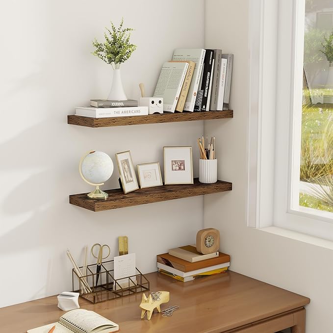 Fun Memories Floating Shelves for Wall, 24" Rustic Wood Deep Wall Mounted Shelves with Invisible Brackets for Decor & Storage, Floating Shelf for Living Room, Bathroom (Rustic Brown, Set of 2)