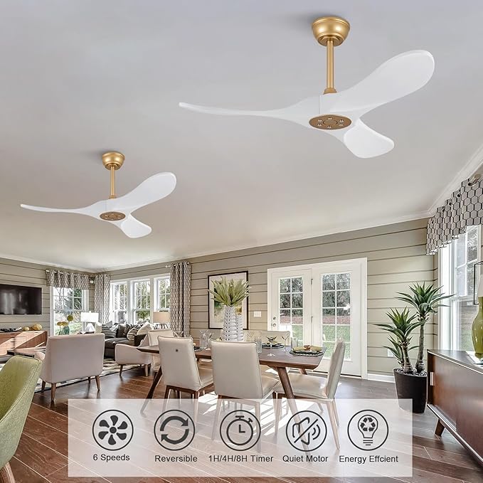 42 Inch Solid Wood Ceiling Fan with Remote,White and Gold, no Light, 6 Speeds, Reversible DC Motor, Modern Ceiling Fans Without Lights for Outdoor Indoor Bedroom Farmhouse,Patios