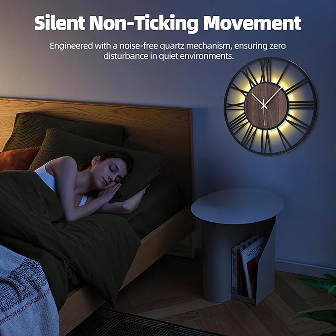 24 Inch Large Metal Wall Clock with Voice and Light Sensor Night Light, Glow in The Dark Non-Ticking Silent Battery Operated Decorative Oversized Wall Clock for Bedroom Living Room Decor