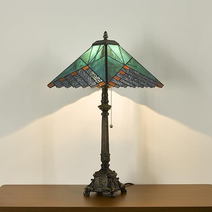 Tiffany Table Lamps Deep Blue Stained Glass Rhombus Checkered Style Mission Desk Lamp 12X12X24 Inch Bronze Resin Base