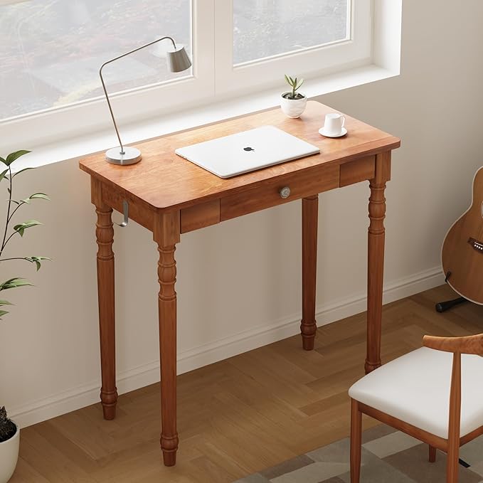 32 Inch Mid Century Modern Desk - Rubber Wood Desk with Drawers, Vintage Narrow Desks with 2 Hooks, Small Writing Desks for Small Spaces, Bedroom, Living Room & Office, Walnut Color