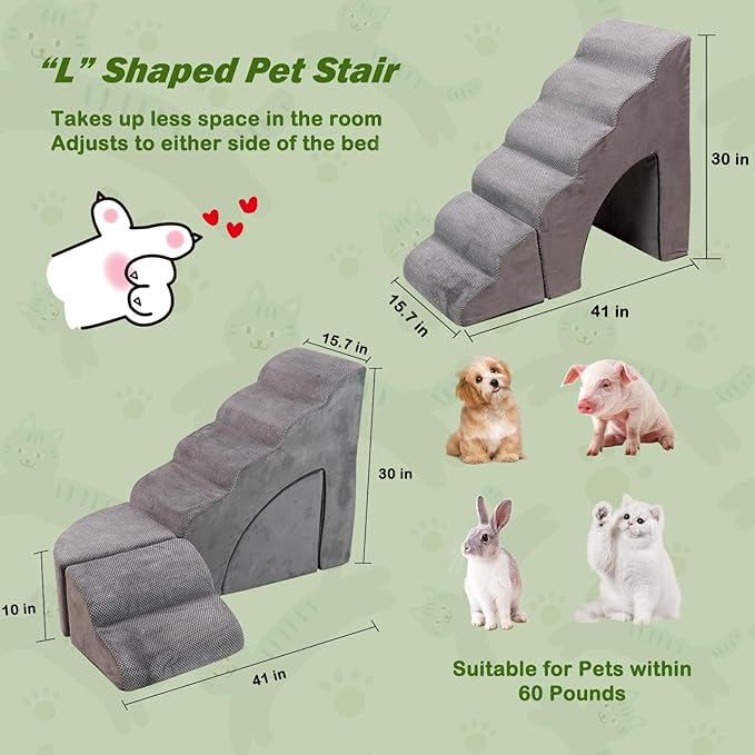 30D Foam Dog Stairs & Steps Ramps for High Beds 26-30 inches Tall, Sturdy Pet Stairs for Small Cats, LitaiL 6 Steps Pet Stairs Steps for Dog Get On Bed, Non-Slip Dogs Ramps for Older Cat