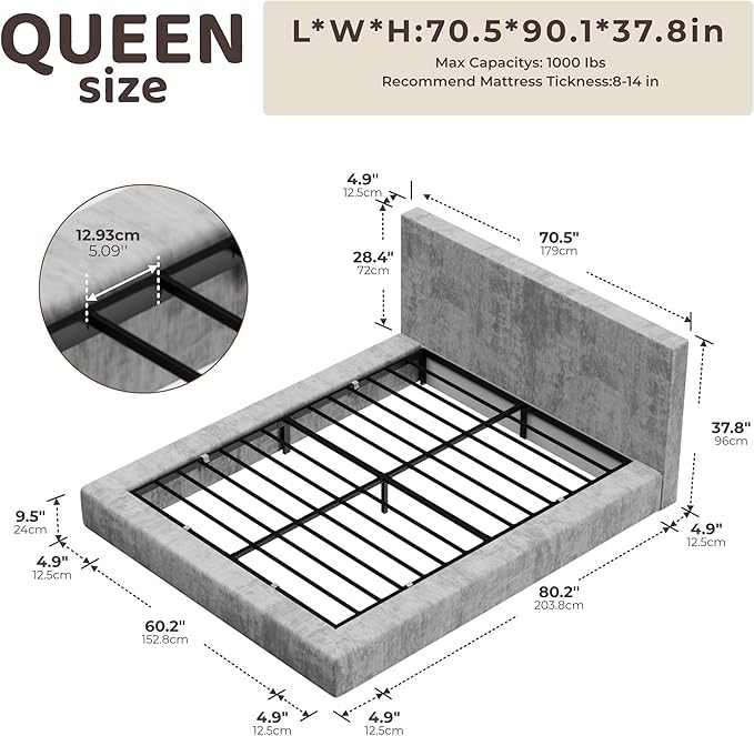 RECCI Cloud Upholstered Queen Bed Frame with Headboard, 5 Inch Foam Padded Platform, No Box Spring, Easy Assembly (Moon)