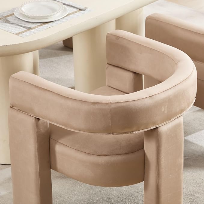 Khaki Dining Chairs Set of 3, Upholstered Velvet Barrel Chairs with Arms Comfy Side Chairs for Living Room/Dining Room/Reception