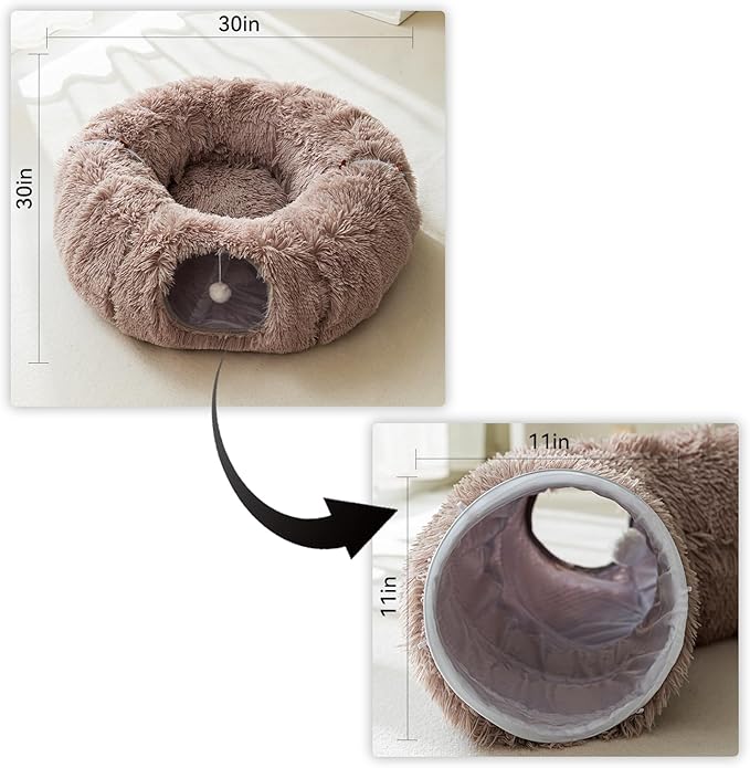 HIPIPET Winter Plush Cat Tunnel with Bed for Small Medium Large Cats, Multifunctional Cat Toys (Light Brown)