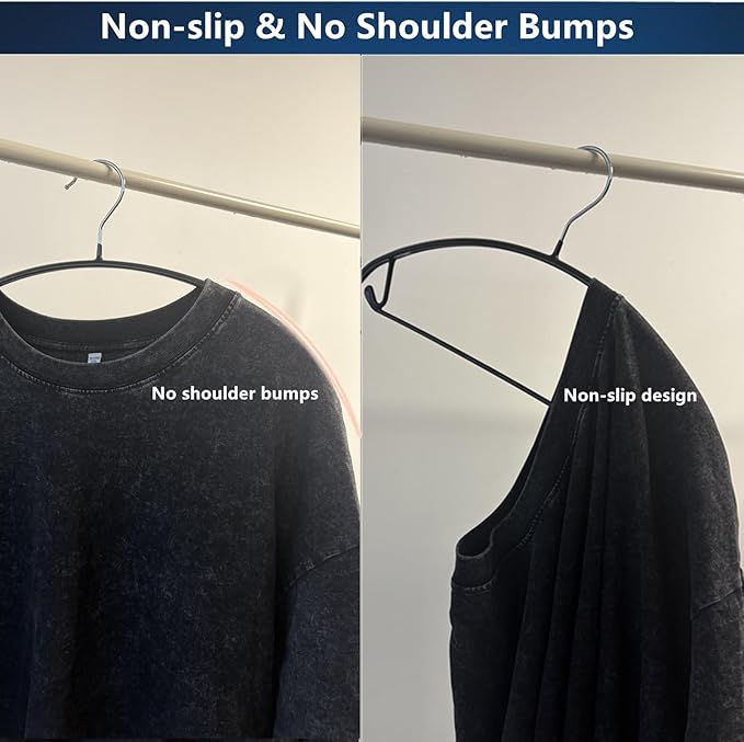 16.5 Inch Black No Shoulder Bumps No Mark Non-Slip Rubber Coated Contour Meta Hanger for Sweater T-Shirt Suit Coat Uniform with Pants Bar Pack of 10
