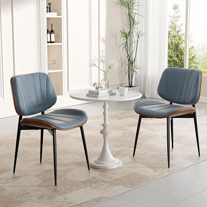 Dining Chairs Set of 4, Mid Century Modern Dining Room Chair, Upholstered Faux Leather Kitchen Chairs with Walnut Bentwood Back and Metal Legs for Kitchen Dining Room Living Room, Blue