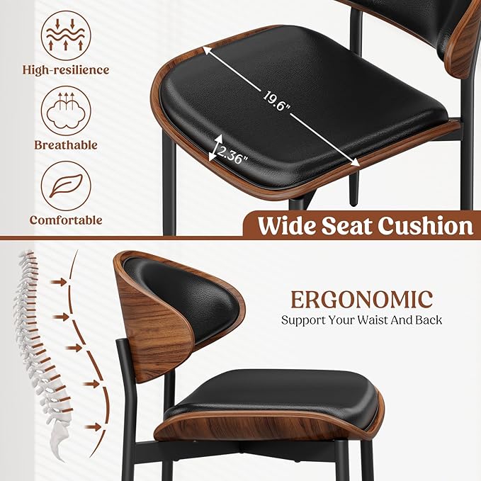 Dining Chairs Set of 6, Mid-Century Modern Upholstered PU Leather Chairs with Walnut Bentwood Back and Metal Legs Adjustable Feet for Kitchen Dining Room, Black PU