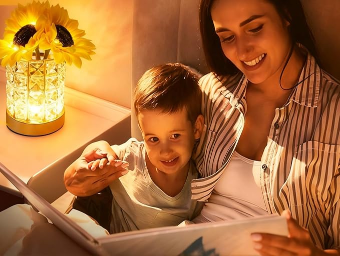 Crystal Cube LED Night Light with Sunflower Vase, USB Rechargeable Table Lamp, 3 Color Modes, Touch Control, Decorative Accent Light for Bedroom, Home (Crystal Column/Pillar (Sunflower))