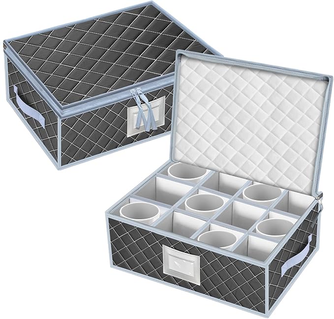 VERONLY Mug and Cup Storage Box with Dividers - 2 Pack China Storage Bin Containers Holds 24 Glassware, Stackable Coffee Mug Organizer Bin and Tea Cup with 2 Metal Zipper,Label and Handles (Grey)