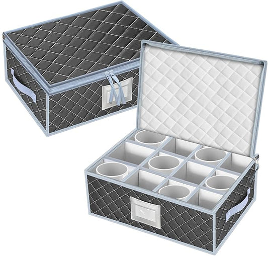 VERONLY Mug and Cup Storage Box with Dividers - 2 Pack China Storage Bin Containers Holds 24 Glassware, Stackable Coffee Mug Organizer Bin and Tea Cup with 2 Metal Zipper,Label and Handles (Grey)