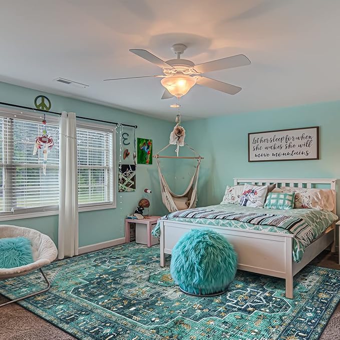 Moynesa Ultra-Thin Washable Vintage Area Rug - 6x9 Teal Large Dining Room Rug for Bedroom, Non-Shed Living Room Mat, Indoor Oriental Medallion Hardwood Floor Carpet for Office Home Decor