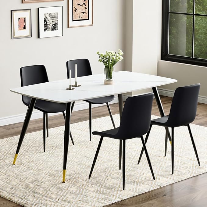 White Dining Table Set for 4, Sintered Stone Dining Room Sets for 4, Easy to Assemble