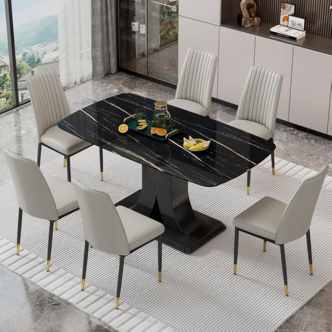 Modern Dining Table Set for 6, Marble Kitchen Table Chair Set for 6, Rectangular Kitchen Table with 6 Pu Leather Upholstered Chair for Dining Room (Light Grey)