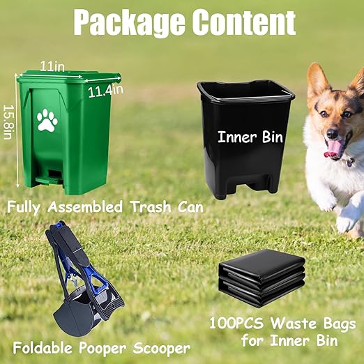 Outdoor Dog Poop Trash Can, Dog Waste Trash Can Pooper Scooper for Yard Garden Kitchen with Lid, Pedal, Removable Inner Bin, Large Waste Bag, Green (Fully Assembled)