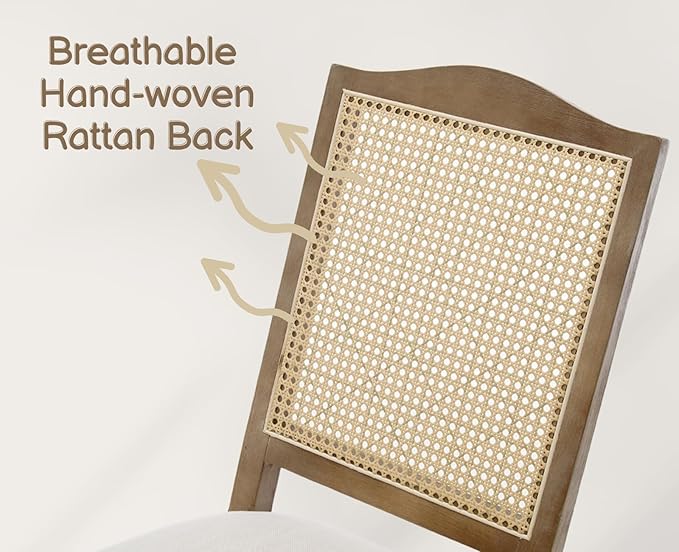 EALSON Rattan Dining Chairs Set of 2 Linen Upholstered Dining Room Chairs with Cane Back Mid Century Modern Kitchen Chairs Natural Wood Frame Side Chair for Dining Room, Beige