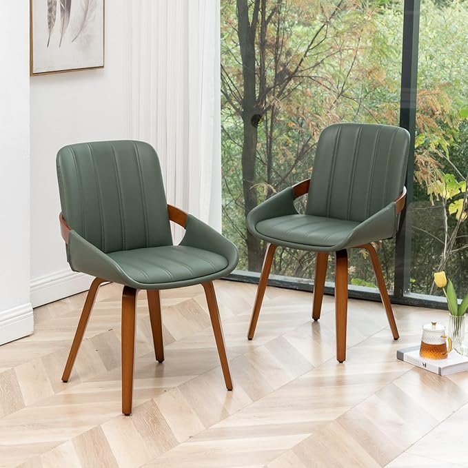 Mid Century Modern Faux Leather Upholstered Dining Chairs,Armless Accent Chairs with Sturdy Natural Wood Legs,Bamboo Backrest Support for Kitchen&Dining Room Chairs(1PCS,Green)