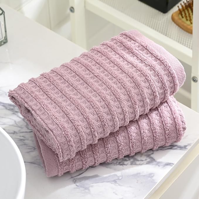 sense gnosis Waffle Hand Towel with Terry Striped Pattern Super Soft 100% Cotton Ultra Absorbent Bathroom Hand Towels 13 x 29 Inch (Pink-Purple, 2 Pieces)