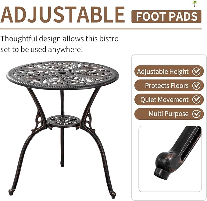 3 Piece Cast Aluminum Bistro Set, Bronze Bistro Table and Chairs Set of 2, 3 Piece Patio Furniture Set with 1.97" Umbrella Hole for Backyard, Balcony, Deck