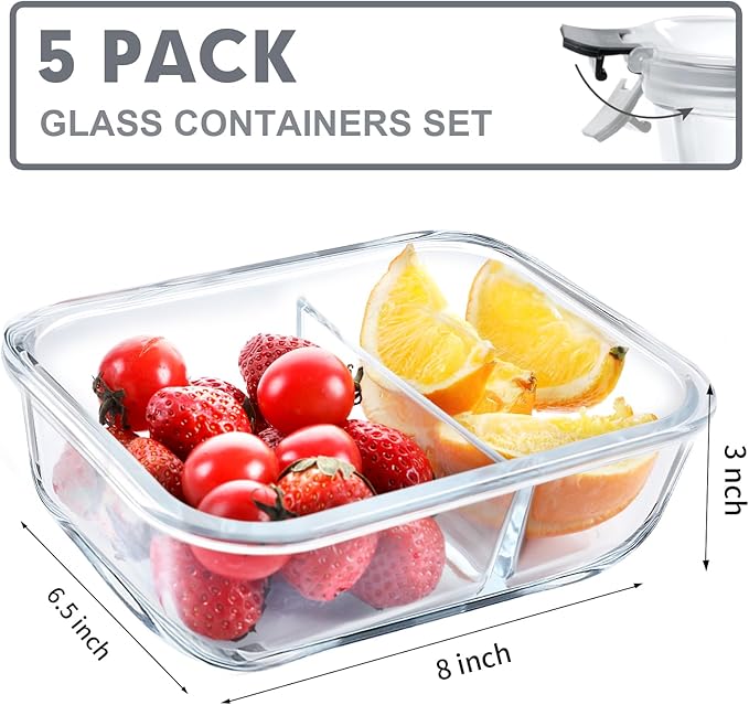 VERONES 5 Pack Glass Meal Prep Containers 2 Compartment Set, 36OZ Airtight Glass Lunch Containers, Glass Food Storage Containers with Lids, for Microwave, Oven, Freezer & Dishwasher Friendly,Grey