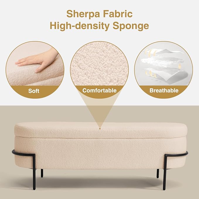 Sherpa Storage Ottoman Bench for Bedroom, Beige End of Bed Bench with Storage, Upholstered Boucle Storage Bench with Metal Stand and Hinges, Oval Ottoman for Living Room, 52 Inch