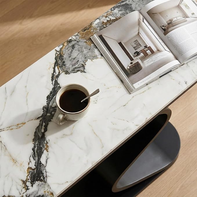 Modern Console Table with Sintered Stone Top, 47" Entryway Table with Sculptural S-Shaped Base Narrow Hallway Sofa Table Behind Couch for Living Room, Accent Furniture(Black,47.2"x11.8"x31.5")