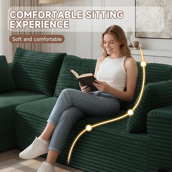 106" Cloud Couch Corduroy Modular Sectional Sofa L-Shape Boneless Couch with Wide Armrests and Cup Holders for Living Room Bedroom, No Assembly Required (Green)