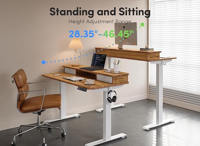 FEZIBO 63 x 28 Inch Deeper Height Adjustable Electric Standing Desk with Double Drawers, Sit Stand Up, Home Office Computer Desk with 4 Height-Adjustable Feets & 2 Hooks, White Frame/Light Rustic Top