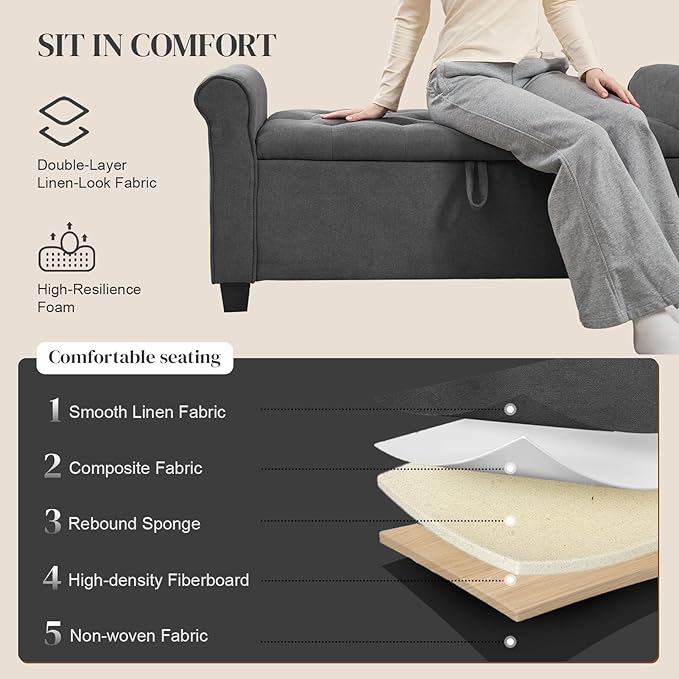 End of Bed Storage Bench for Bedroom, 49" Upholstered Storage Ottoman with Rolled Arms, Rivet Polyester Fabric Ottoman Bench for Bedroom, Living Room, Window, Entryway, Dark Gray