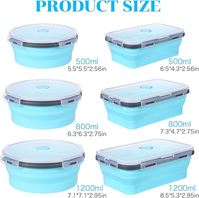 6 Pieces Collapsible Food Storage Containers Foldable Silicone Lunch Containers with Lids, 3 Pcs Silicone Rectangle Collapsible Bowls and 3 Pcs Round Food Bowls, Microwave Freezer and Dishwasher Safe