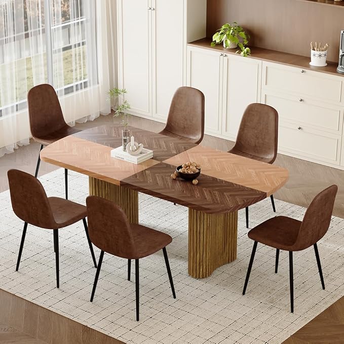 79" Large Dining Table Set for 6, Modern Farmhouse Dining Room Table Set with 1.7" Thick Two-Tone Wood Top, Sculpted Wave Legs & 6 Suede Upholstered Chairs, Wooden Kitchen Table Set for Living Room