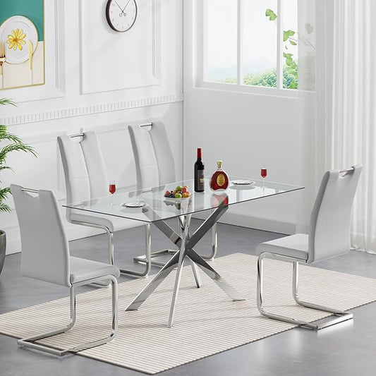 SSLine 51'' Silver Glass Dining Table Set for 4,5 Piece Kitchen Table and Chairs Set with Metal Legs and 4 PU Leather Dining Chairs for Kitchen Room Small Spaces