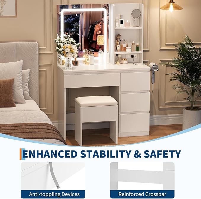 GarveeHome Vanity Desk with Mirror and Lights - Modern Makeup Dressing Table with Outlets, Storage Stool, 4 Drawers & Hair Dryer Holder - 3 Colors LED Vanity Mirror, Vanities for Bedroom, White