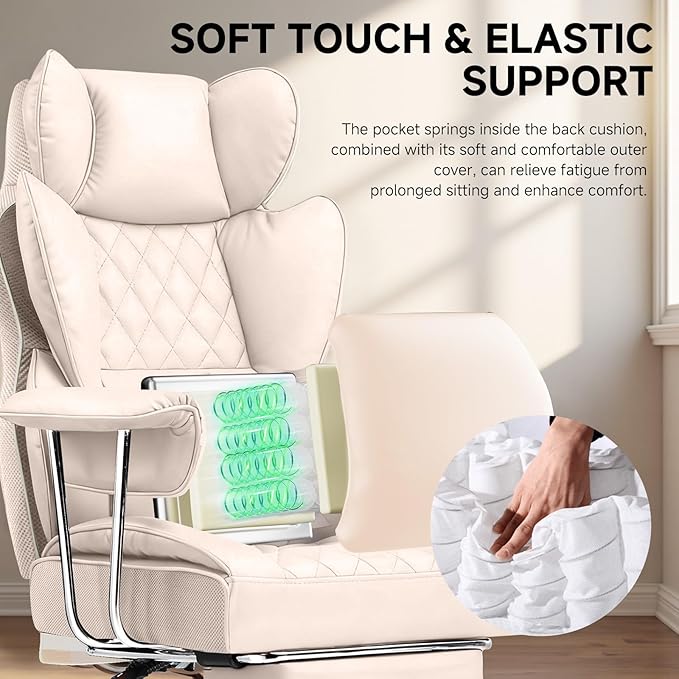 COMHOMA Big and Tall Office Chair, High Back Leather Gaming Chair with Footrest, Executive Ergonomic Office Chairs with Pocket Spring Lumbar Support and with Outward Fixed Soft Armrests