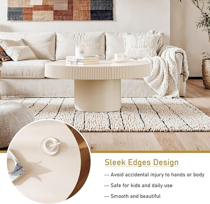 Round Drum Coffee Table 30.71" Handcrafted Fluted Drum Coffee Table Mid Century Accent Tables Modern Luxury Circle Center Table Vintage Farmhouse Center Table for Living Room (White Thin)