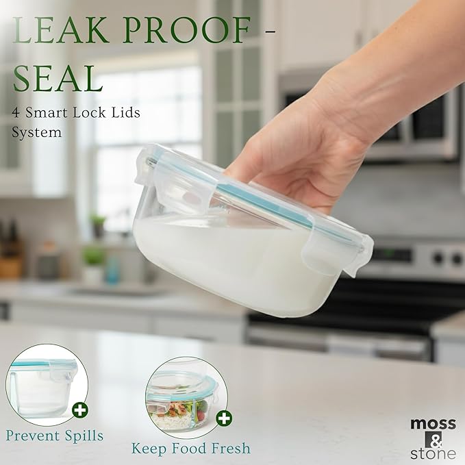 Moss & Stone 4-Pack Round Kitchen Glass Food Storage Containers Set with Lids – Reusable Glass Meal Prep Containers for Kitchen, Lunch or Fridge – Airtight Snap-Lock – Includes 1 Divided & 1 Standard