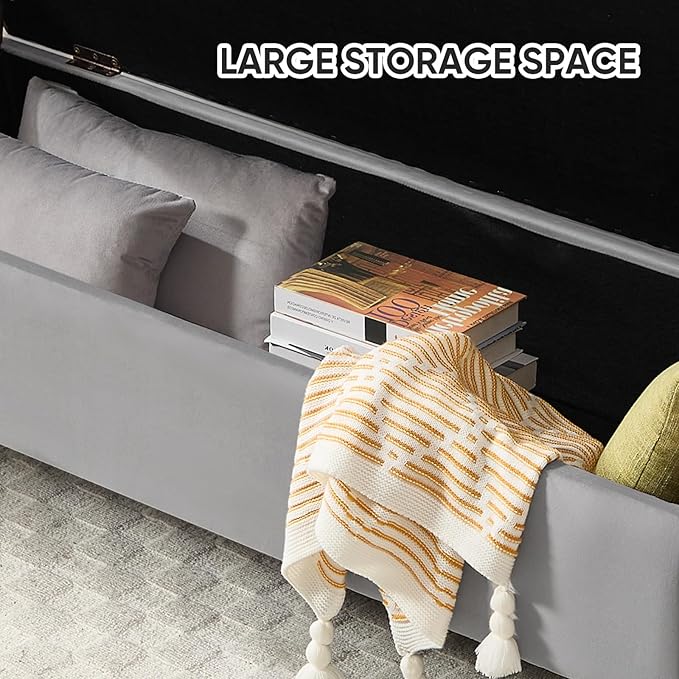 65" Storage Ottoman Bench for Bedroom, End of Bed Storage Bench King Size with Tufted Button Upholstered and Gold Legs, Bedroom Benches with Armrests for Living Room Window, Light Grey