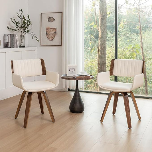 LUNLING Swivel Accent Faux Leather Dining Chairs Set of 2 Mid Century Modern Chairs with Wooden Legs/Armrest/Upholstered Seat/Adjustable Foots for Kitchen Dining Room Desk Chairs Green PU