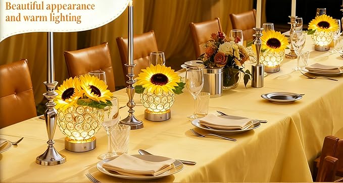 Crystal Cube LED Night Light with Sunflower Vase, USB Rechargeable Table Lamp, 3 Color Modes, Touch Control, Decorative Accent Light for Bedroom, Home (Round Crystal Globe (Sunflower))