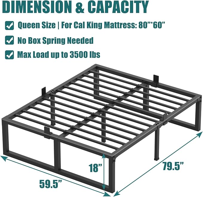 King Bed Frame, 18 Inch High 3500 lbs Metal Platform, Mattress Foundation with Steel Slat Support/No Box Spring Needed/Noise Free/Non-Slip/Easy Assembly
