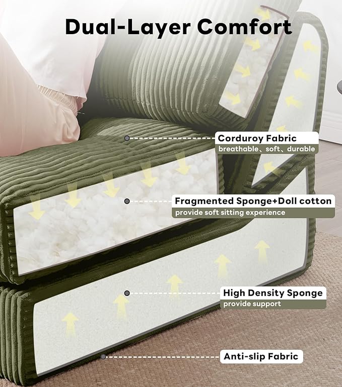 Tbfit Folding Sofa Bed, Convertible Sleeper Chair with Large Pillow, Corduroy Folding Couch Bed, Portable & Foldable Mattress Boneless Floor Sofa for Living Room, Bedroom, Office, Green, Single
