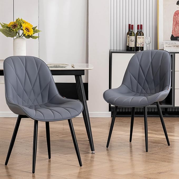 Rowill Dining Chairs Set of 2 Modern Kitchen Chairs with Soft Backrest, Sturdy Metal Legs & Non-Slip Pads, Suitable for Home Kitchen, Faux Leather Upholstered Seats for Dining Room, Gray Purple