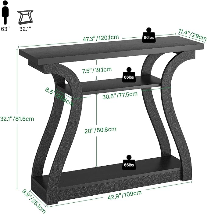Wooden Console Table with Curved Legs and Shelf, 3-Tier Modern Accent Sofa Table for Entrance Area, Living Room, Hallway, 47 in Wide (Black)