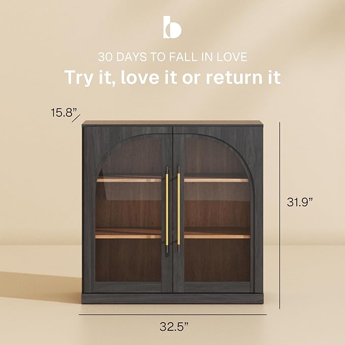 BELLEZE Set of 3 Modular Sideboard with Arched Glass Door, Accent Display Buffet Cabinet with Storage and Adjustable Shelves,Classic Modern Credenza for Dining Room Living Room Entryway (Ebony)