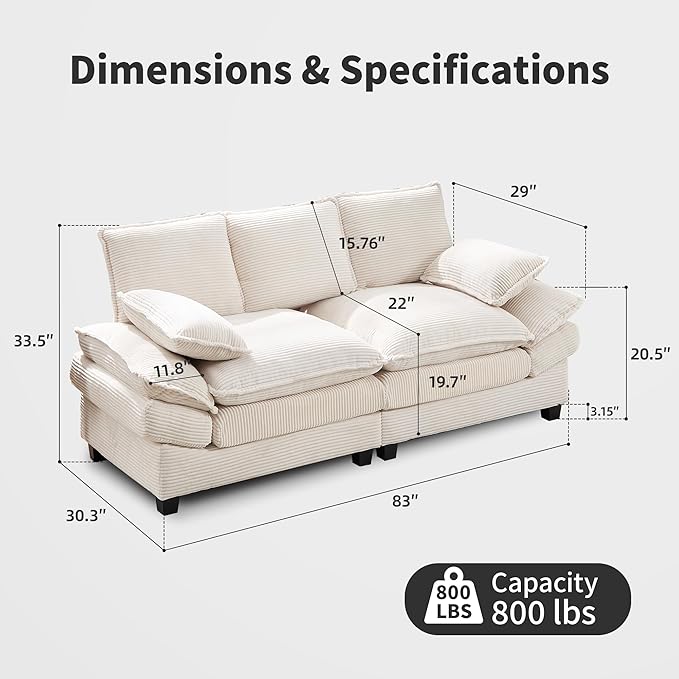 83" Loveseat Sofa, Cloud Couches for Living Room, Comfy Corduroy Couch with Deep Seat, Love Seat Couches for Bedroom, Apartment and Office, Easy Assemble for Small Space (Beige)