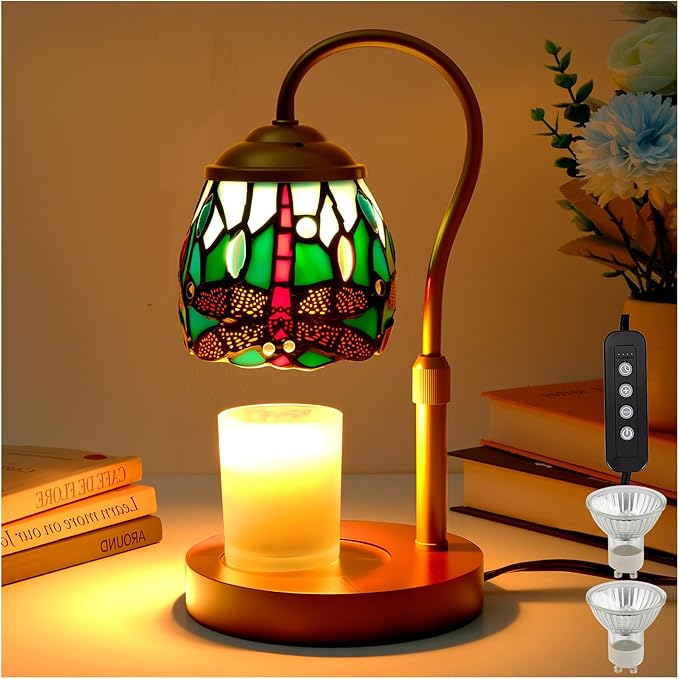 Tiffany Style Candle Warmer Lamp with Timer, Dimmable Dragonfly Stained Glass Candle Lamp Warmer, Vintage Candle Light for Scented Candles with 2 Bulbs for Home Deco Birthday Gifts for Mom Women